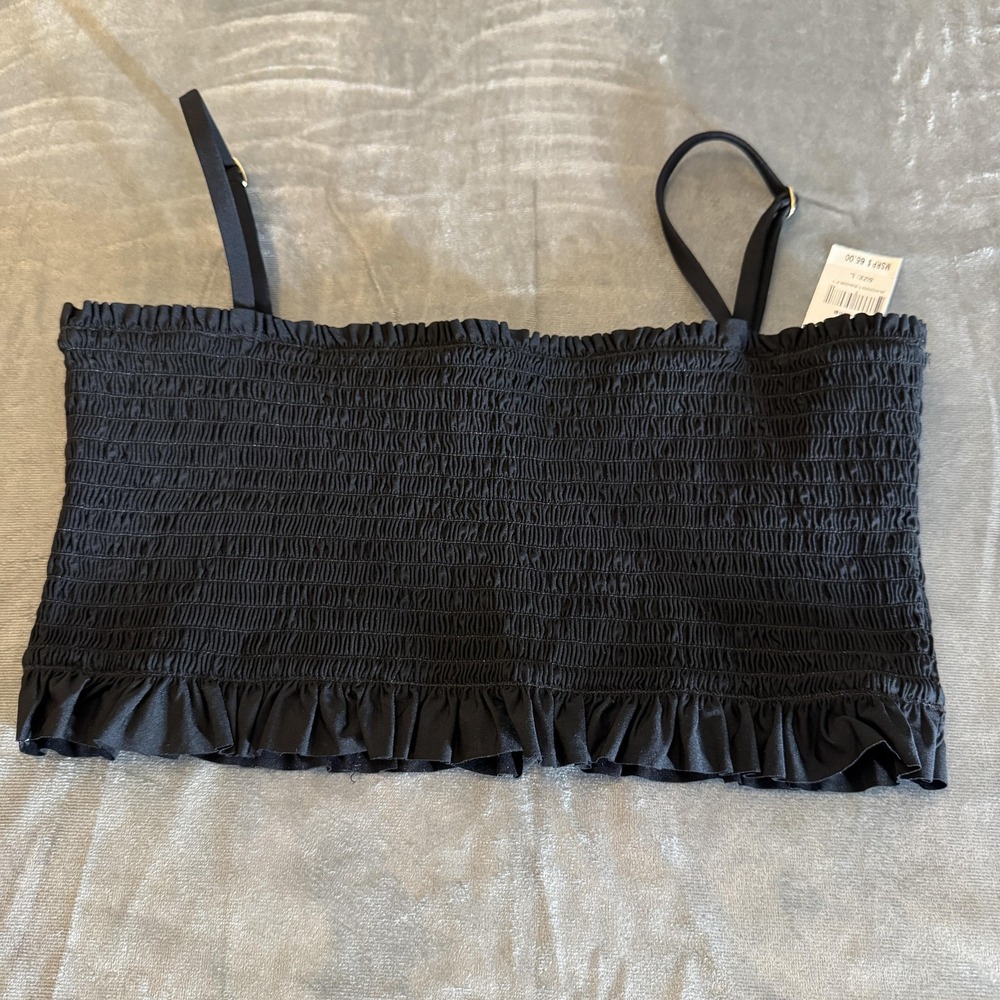 Solido Womens Bikini Top L Black Smocked Tank Ruffle Hem Crop Swim Beach